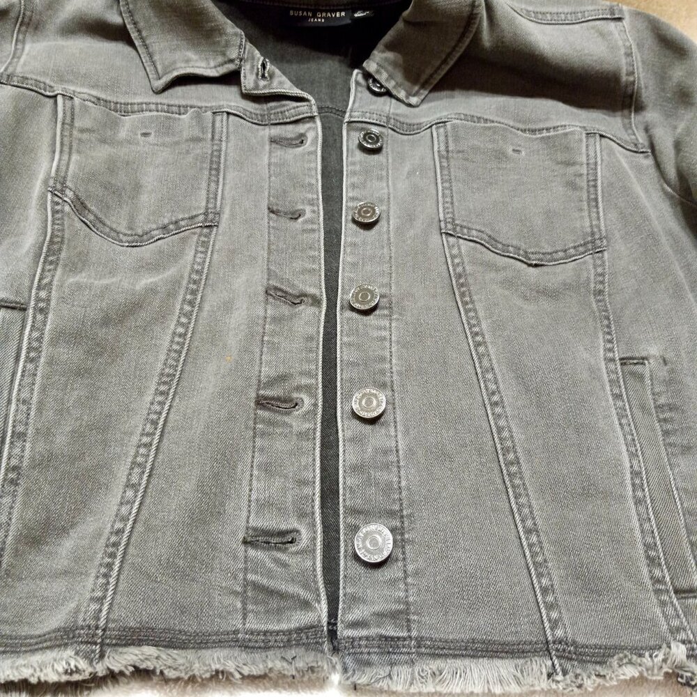 Susan Graver Gray Stretch Denim Jacket L with Frayed Hem - Picture 10 of 14